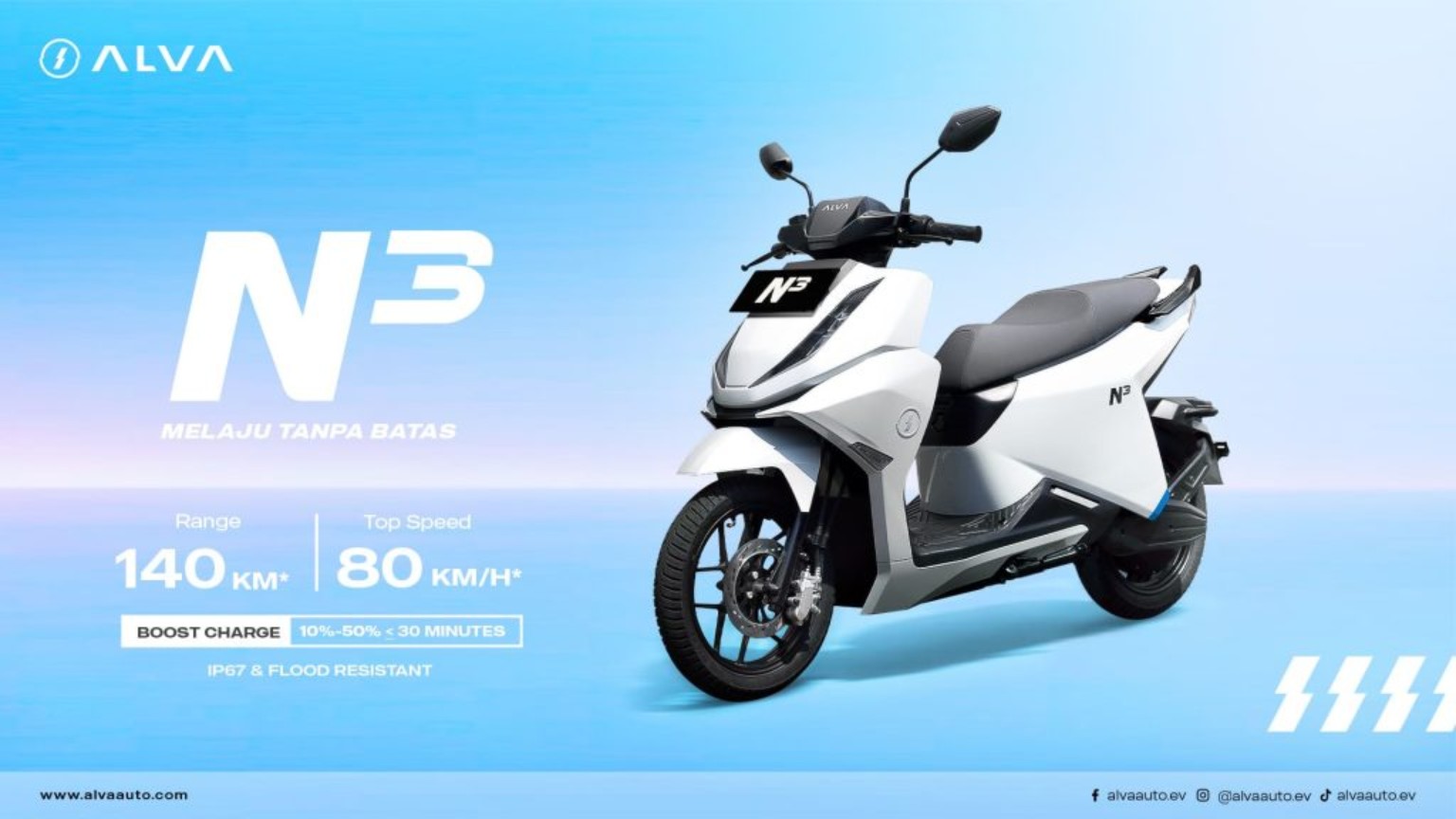 ALVA N3 Next Gen putih dengan informasi range 140 km dan top speed 80 km/h